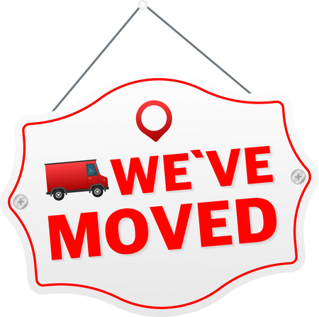 We have moved. Flat badge vector illustration on white backg